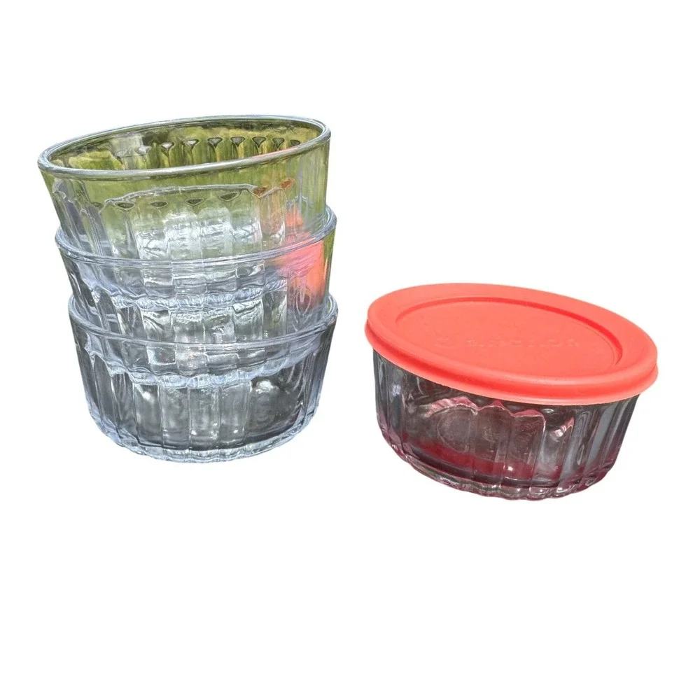 Anchor Hocking‎ Glass 2 Cup Ribbed Prep Food Storage Bowls Red Lid Set 4 Vintage